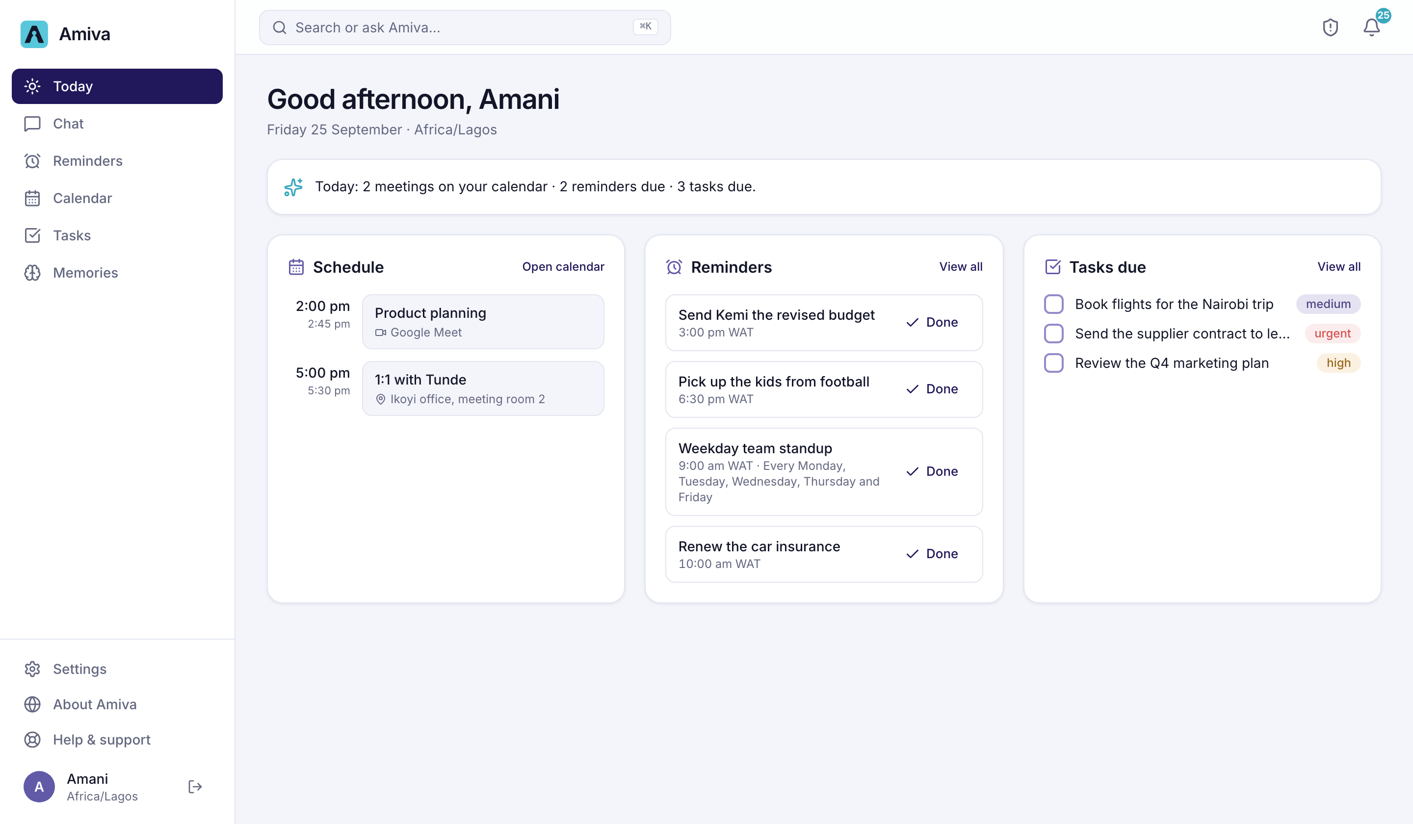 The Amiva web app's Today screen: a greeting, a one-line summary of the day, and three columns for the schedule, reminders due and tasks due